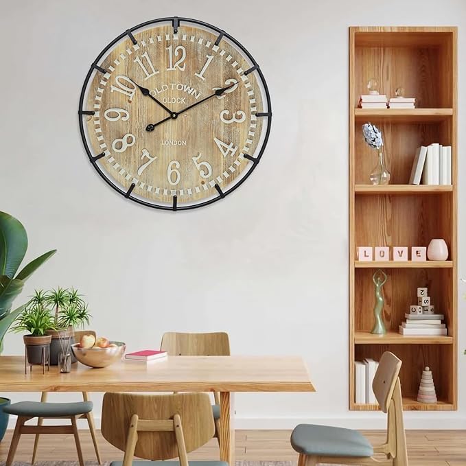 24 Inch Large Farmhouse Wall Clock - Rustic Antique Wood, Silent Battery Operated Clock for Office Kitchen Bedroom Living Room