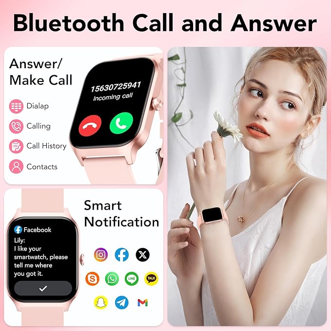 Smart Watch for Men Women, 1.85" HD Fitness Tracker with Bluetooth Calls/AI Voice Control, IP68 Waterproof, 115+Sports Modes, 24/7 Heart Rate/Sleep Fitness Watch Compatible with iOS/Android , Pink