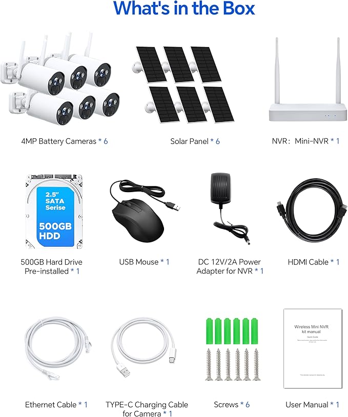 CAMCAMP 4MP Solar Camera Wireless Outdoor, 6 Cam-Kit, Security Cameras System Wireless, 2.4G& 5G WiFi, Color Night Vision, 10CH NVR 500GB HDD Local Recording, No Subscription, IP66, CCTV Surveillance