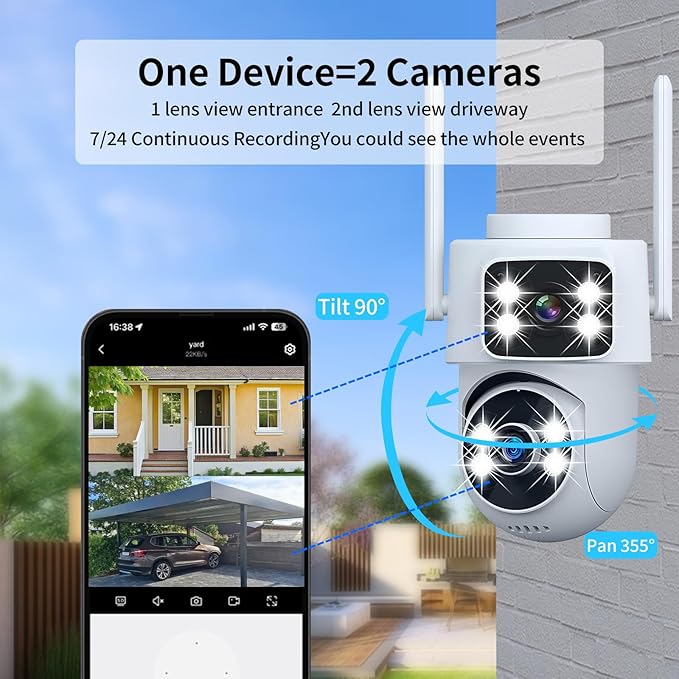 Dual-Lens Smart Indoor Outdoor Camera, 2K-3MP HD 5G WiFi, 360° AI Motion Tracking, IP65 Weatherproof, Color Night Vision, 24/7 Recording, 2-Way Audio, Baby/Nanny Cam(No Card Included)