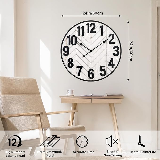 24 Inch Large Wall Clock, Rustic Wooden Farmhouse Wall Clock with Black Metal Frame, Battery Operated Non-Ticking Silent Wall Clocks for Living Room, Kitchen, Bedroom (Whitewashed)