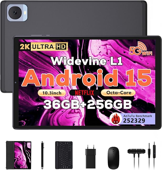 2025 Tablet 10.4 inch Android 15 Tablets with Keyboard Stylus Mouse: 2K IPS Tablette (2000x1200), 36GB+256GB(1TB TF), 5G/2.4G Dual WiFi, 8-Core 1.6GHz, 8000mAh,8+13MP, Widevine L1- Black