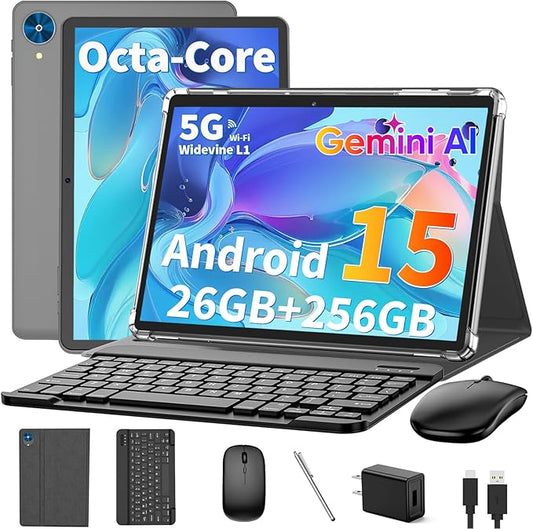 Android 15 tablet with keyboard, 26GB RAM+256GB ROM(2TB Expand), 10 inch tablet with 8000mAh Battery, 2.4G/5G WiFi, BT 5.0, 5MP+13MP Dual Camera, Gemini AI, Octa-core, Mouse, Stylus, Case(Silver Case)