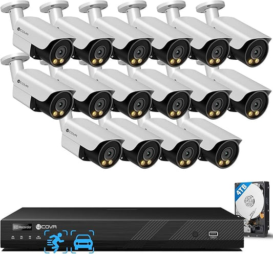 4COVR 16 Channel Security Camera System 4K PoE, 2-Way Talk & Smart Full Color Night Vision, 16 8MP IP67 Bullet IP Camera, Human Vehicle Detection, 16CH 4T NVR Surveillance for Businesses, LY37YX8M1616