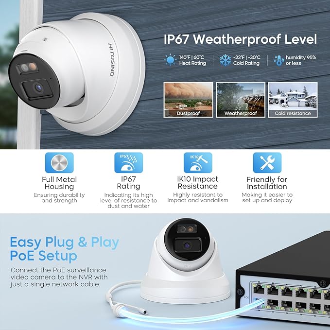 4K IP PoE Camera, Upscaled 8MP PoE Camera Outdoor with Mic/Audio, 98ft IR/Color Night Vision, Human & Vehicle Detection, 127° FOV, MicroSD (256GB)