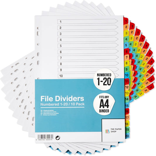 Binder Dividers with Tabs 1-20 Numbered â A4 (10 Pack) | Dividers for 3 Ring Binder | Numbered Tab Dividers for Office, School & Home Organization - The Paper Shop