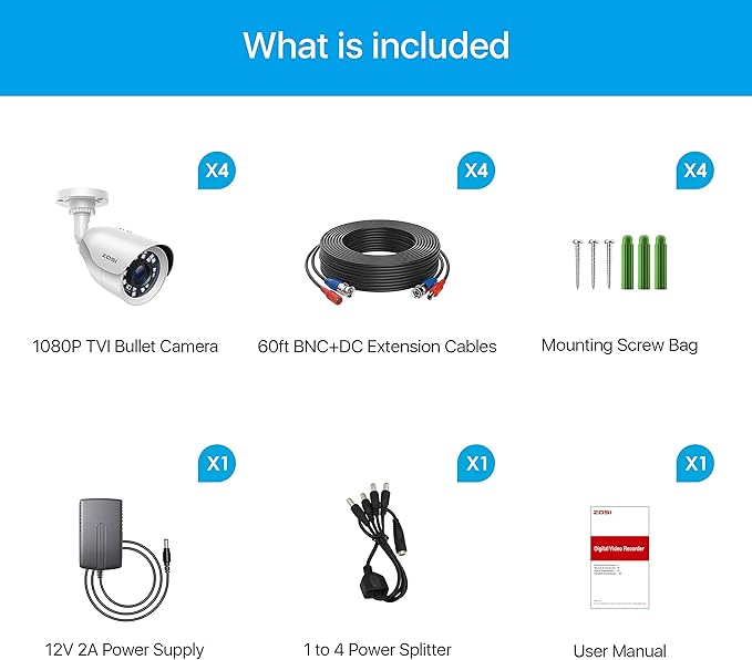 ZOSI 4 Pack HD-TVI 1920TVL 1080p Home Security Camera Outdoor Indoor, Weatherproof Surveillance CCTV Bullet Camera with 80ft Long Night Vision and 90° View Angle
