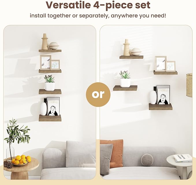 Fun Memories Square Floating Shelves for Wall - 12 Inch Deep Floating Shelves with Invisible Brackets, Grey Small Wall Shelf for Living Room, Bathroom, Bedroom, and Kitchen Decor，Set of 4