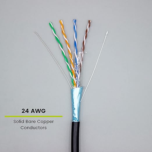 trueCABLE Cat5e Outdoor, Shielded F/UTP, 1000ft, UV Resistant, CMX Rated, Black, 24AWG Solid Bare Copper, 350MHz, PoE++ (4PPoE), ETL Listed, Bulk Ethernet Cable