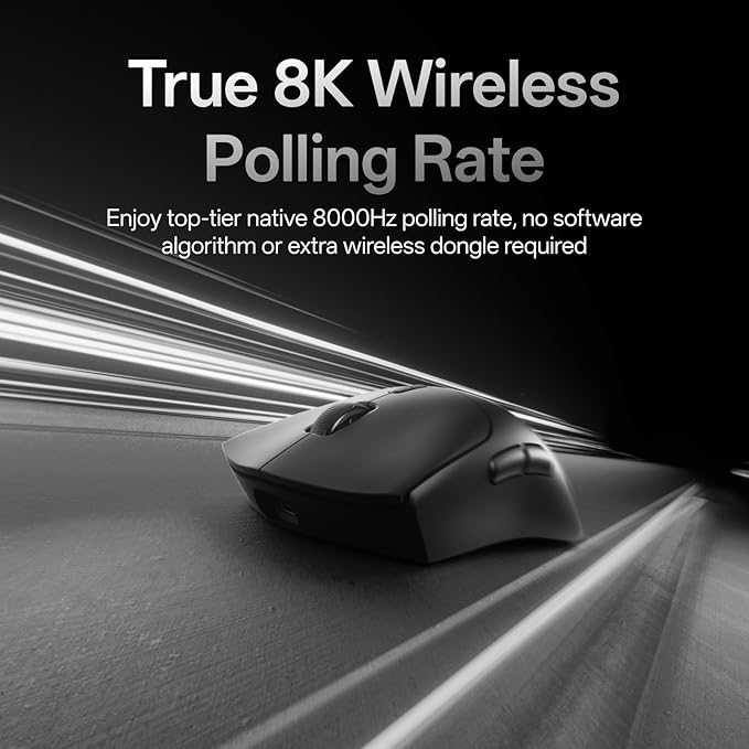 Rapoo VT7 Wireless Gaming Mouse, True 8K Wireless Polling Rate, 53g Lightweight, Up to 750 Hr Battery, Nordic nRF54L15 MCU, 100-Million Mechanical Switch, 10 Programmable Buttons, Black