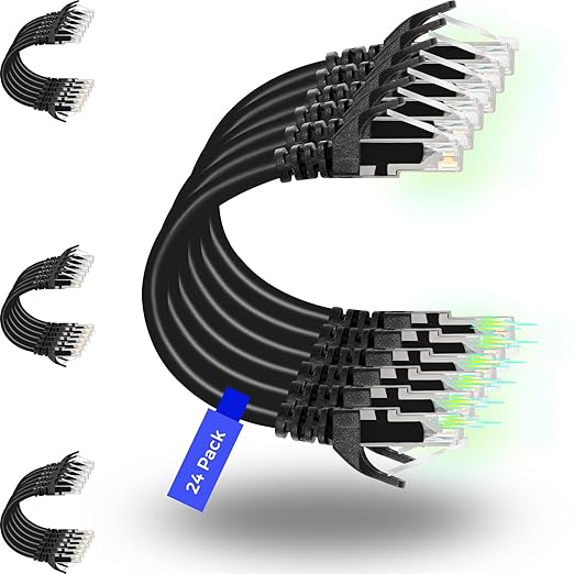 Rapink Patch Cables Cat6 10ft (24 Pack), Ethernet Patch Cable 10G, Cat 6 Patch Cable for Patch Panel to Switch, Flexiable Cat 6 Ethernet Cable with Gold Plated Black