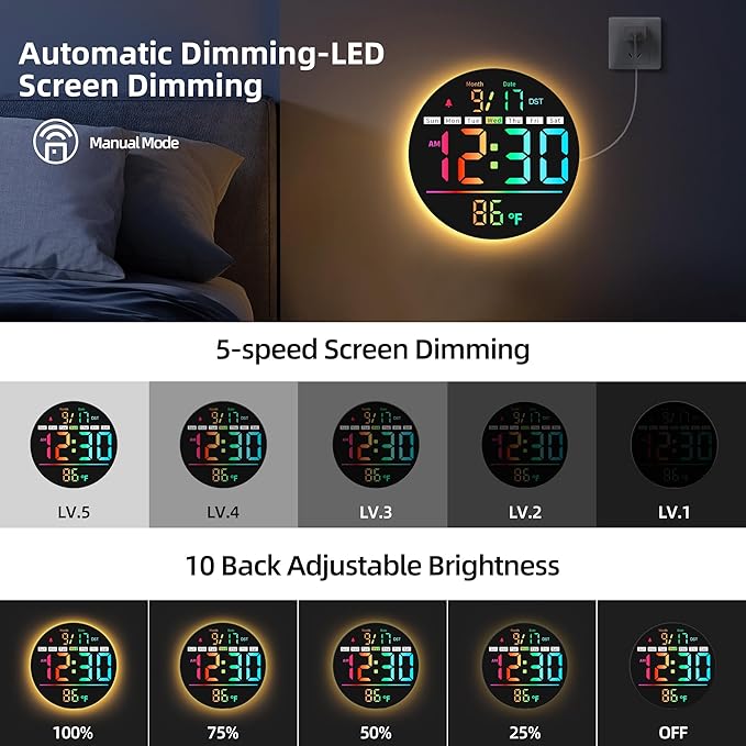 Digital Wall Clock, 8'' Round Digital Clock with Large Display, 11RGB Colors,Remote Control, Auto-Brightness,Temperature,DST,Night Light, Alarm, Count Down Timer for Classroom/Bedroom/Office