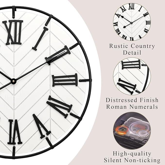 24 Inch Large Wooden Wall Clock – Extra Large Farmhouse Wall Clock with 3D Roman Numerals, Modern White Round Wood & Metal Clock for Living Room, Silent & Accurate Timekeeping