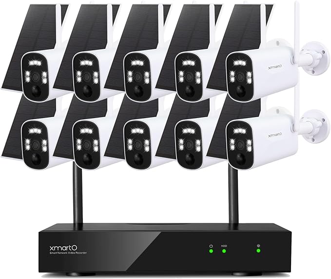 xmartO WiFi 6 Long Range Wire-Free Solar Home Security Camera System Wireless, 10-Set 4MP QHD CCTV Camera Kit with 4K 10CH Expandable WiFi NVR (Suitable for Indoors/Outdoors)