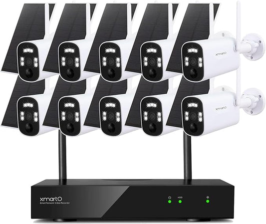 xmartO WiFi 6 Long Range Wire-Free Solar Home Security Camera System Wireless, 10-Set 4MP QHD CCTV Camera Kit with 4K 10CH Expandable WiFi NVR (Suitable for Indoors/Outdoors)