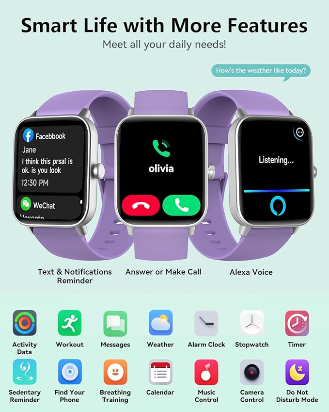 Smart Watches for Women/Men, Smart Watch for Android Phones and iPhone Compatible, Alexa Built-in, 1.8" Fitness Watches for Women, IP68 Waterproof /Bluetooth Call, Heart Rate/Sleep Monitor, Purple
