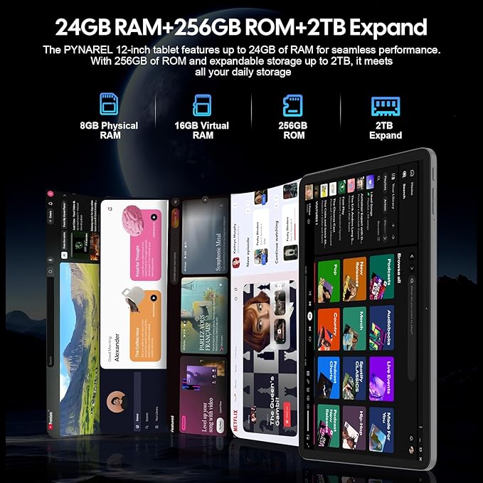 2026 12 Inch Tablet, Android 15 Tablet with Keyboard, 24GB RAM, 256GB ROM, 2TB Expand, 2000x1200 Screen, Octa-Core, 8+16MP Camera, 8000mAh, 5G Wifi, 2K Tablet with Case, Stylus, Mouse (Silver Case)