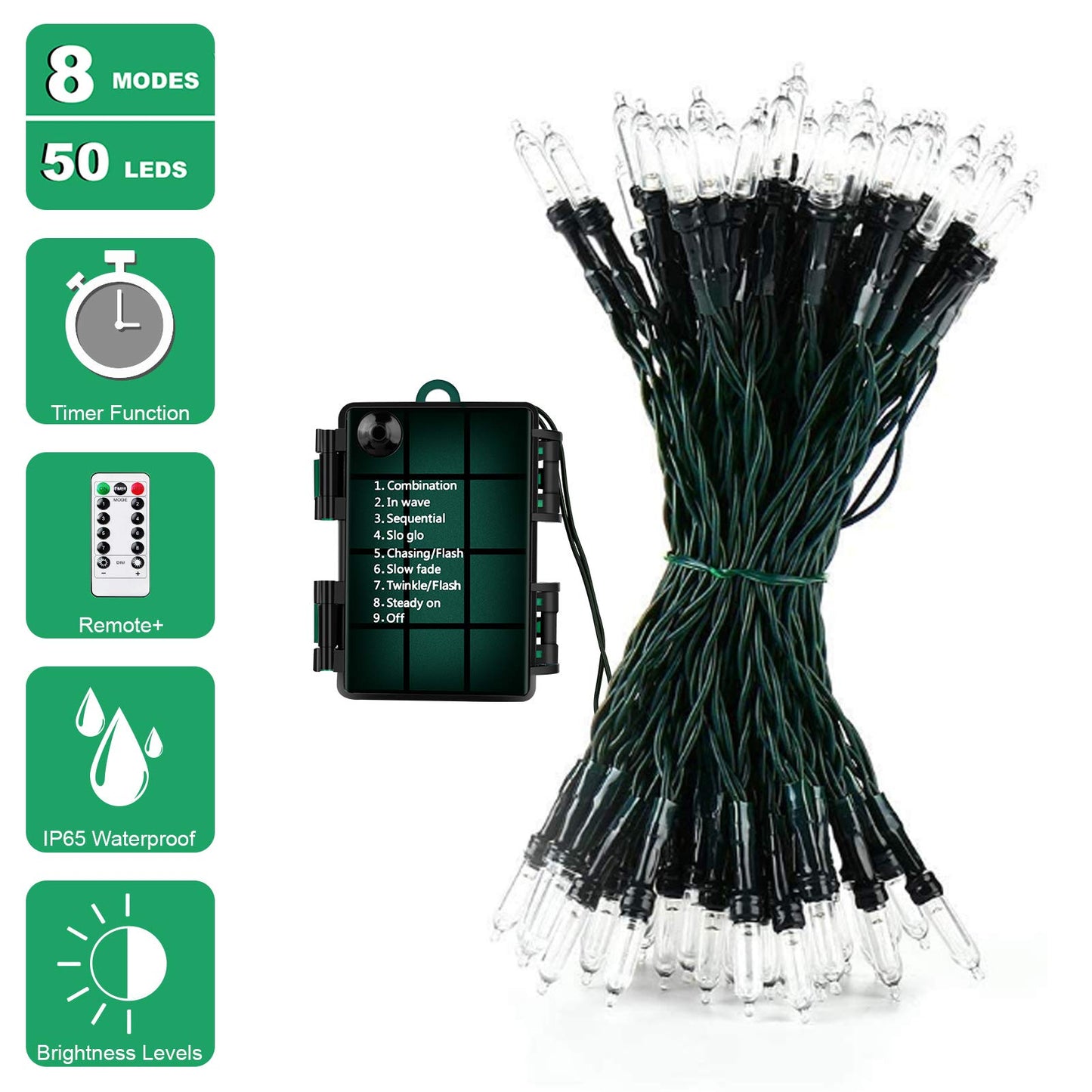 Koxly 18ft Battery Operated String Lights, 50 LEDs, Remote Timer, Waterproof, Multicolor, Model JYLPT11