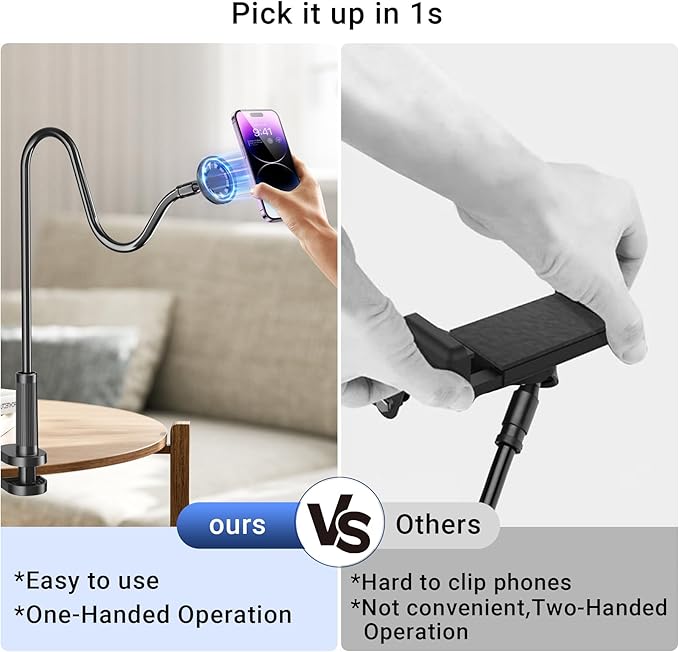Magnetic Phone Holder for Bed Laying Down with Remote Page Turner, Bedside Gooseneck Phone Stand with Clicker for Reading, Flexible Mount with Wireless Scrolling Ring for iPhone/Tiktok/Short Video