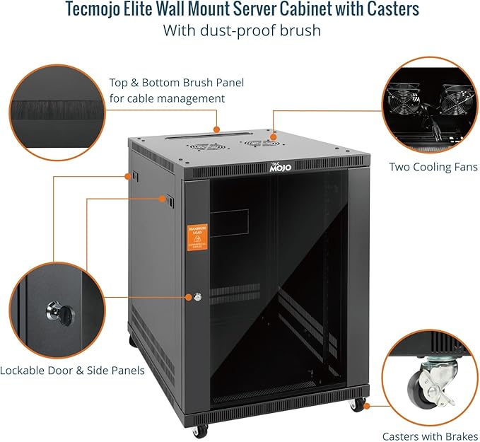 Tecmojo 15U Wall Mount Rack,15U Rack 23.6 Inch Depth,Hold Up to 176 Lbs,Enclosed Wall Mount Rack with 2 Colling Fans,for 19 Inch Network,Server and AV Gear,Glass Door(Elite Collection)