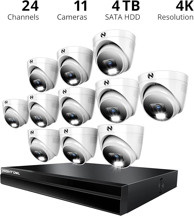 Night Owl Power Over Ethernet 24 Channel NVR Video Home Security Camera System with (11) Wired IP 4K HD Indoor/Outdoor Deterrence Dome Cameras and 4TB Hard Drive (11 Camera)