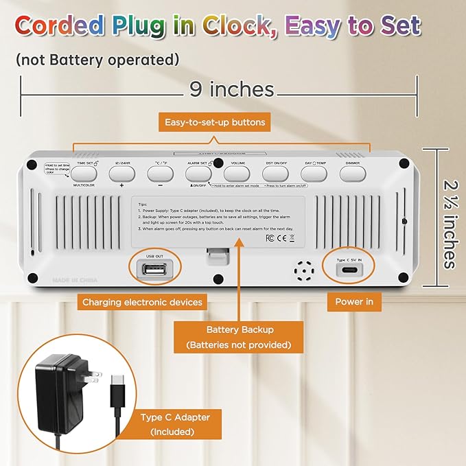 Peakeep Large Display Digital Alarm Clock for Bedrooms, Date Day of Week Temp Desk Table Clocks for Living Room Office, Dimmable Plug in Electric Clock, 5 Volumes, Loud, Auto DST