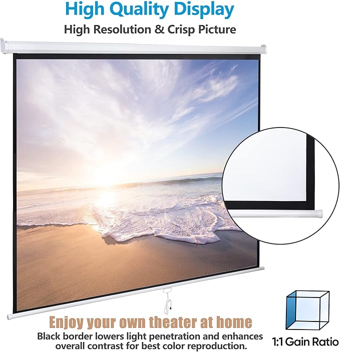 Smartxchoices 120" HD Manual Projector Screen 1:1 Format with Auto Lock Anti-Crease Home Theater Office Wall Mounted Ceiling Pull Down Projection 1.1 Gain Matte White,View Size: 84 x 84 inches