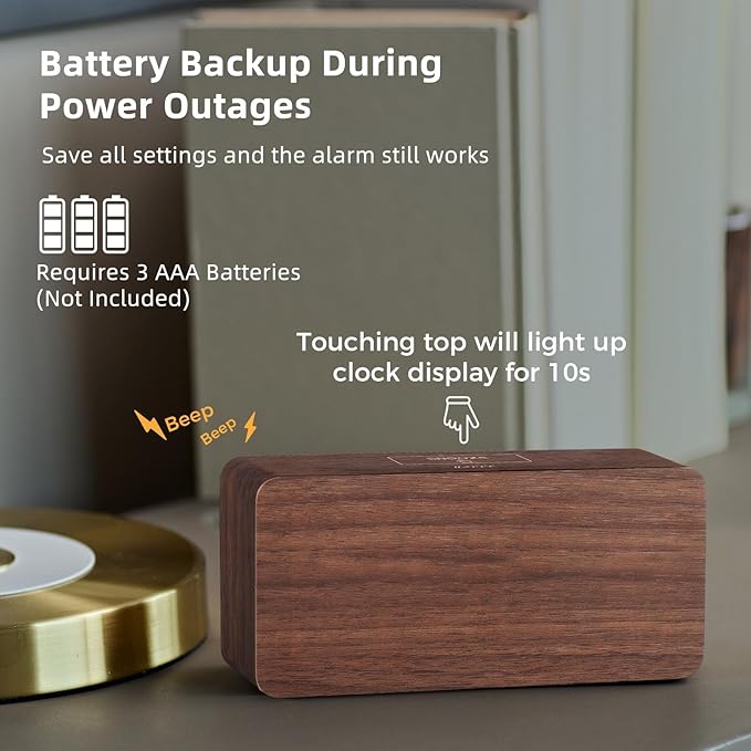 uscce Wooden Digital Alarm Clocks for Bedrooms: Dimmable Dual Alarm Clock with Large Numbers for Bedside Desk - Loud Alarm for Heavy Sleepers with Volume Control - Wood Decor & Gifts