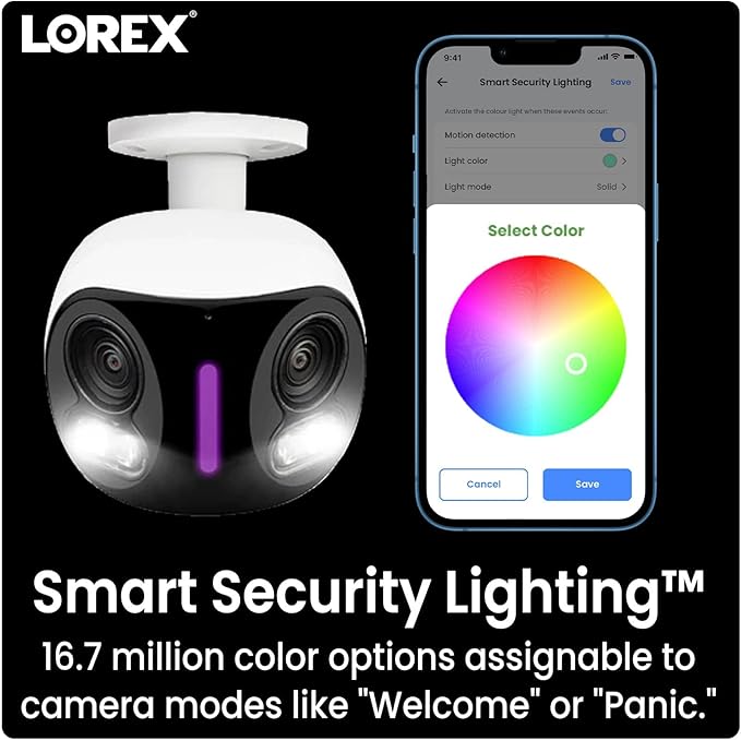 Lorex 4K Dual-Lens Outdoor Wi-Fi Security Camera | 180° Panoramic View | Smart Security Lighting | Color Night Vision | 2-Way Talk | Auto-Framing | 32GB Local Storage, No Monthly Fees | IP66 Rated