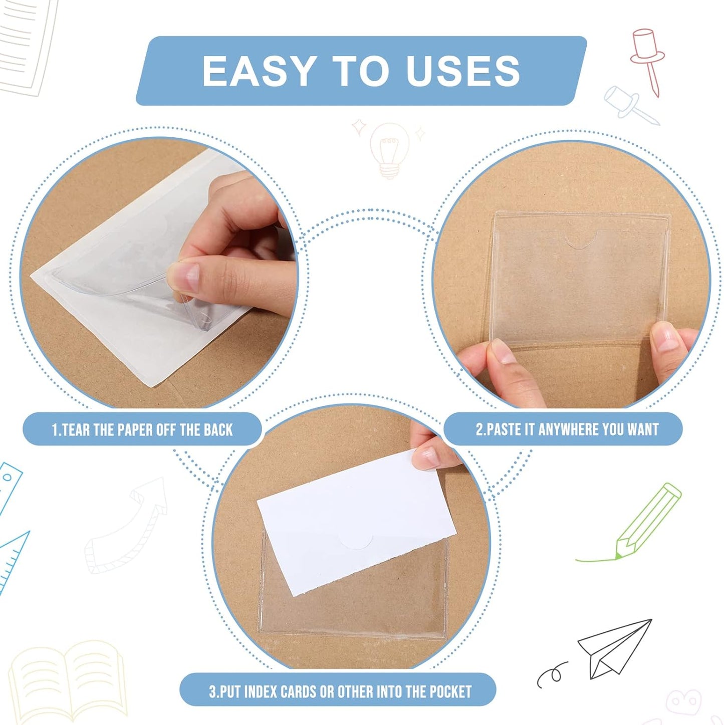 Outus 500 Pack Self Adhesive Index Card Holder Clear Plastic Label Pockets with Top Open for Loading Sticky Business Card Sleeves for Storage Bins Library Organizing Photo Protecting(4.06 x 2.48 Inch)