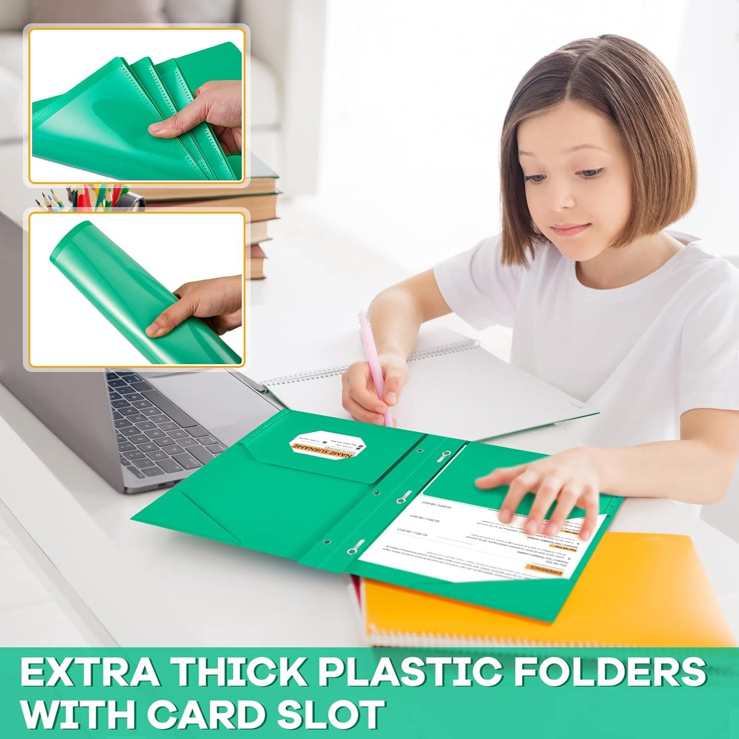 Henoyso 72 Pcs Plastic Folder with Clear Front Pocket and 3 Prong Plastic Folders with Card Slot Pocket Folders with Prongs for School Office (Green)