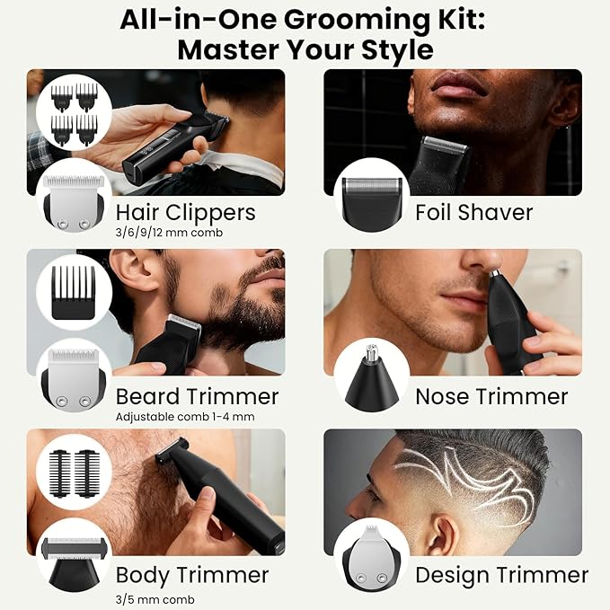Yineel HC600 Beard Trimmer for Men, All-in-One Cordless Grooming Kit, Waterproof Electric Razor & Hair Clipper for Face Mustache Body Nose Hair Trimming, Precision Blades, Gifts for Men Barber
