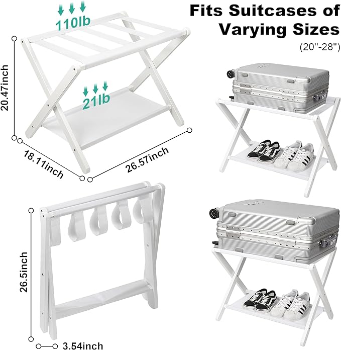 VASMIA Luggage Rack, Folding Suitcase Stand with Storage Shelf Set of 2, Bamboo Luggage Stand for Guest Room,Bedroon and Hotel,Holds up to 131 lb,Fit Most Luggage Size,White