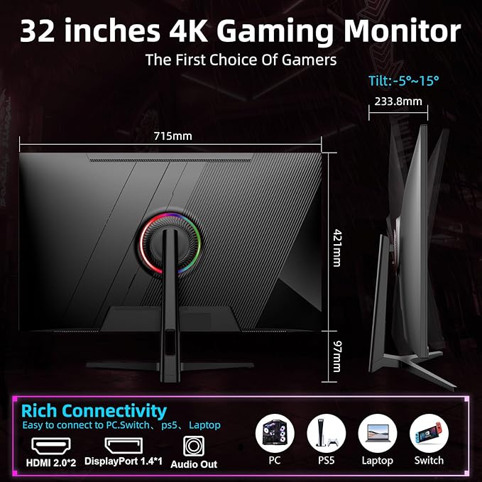 32 Inch Ultra Wide UHD 4K (3840 x 2160) Gaming Monitor, IPS 60Hz Ultra-Clear Screen, 1ms (MPRT), 100% sRGB, Built-in Speaker,FreeSync, 2 x DP 1.4 and 2 x HDMI 2.0, Tilt Height Adjustment