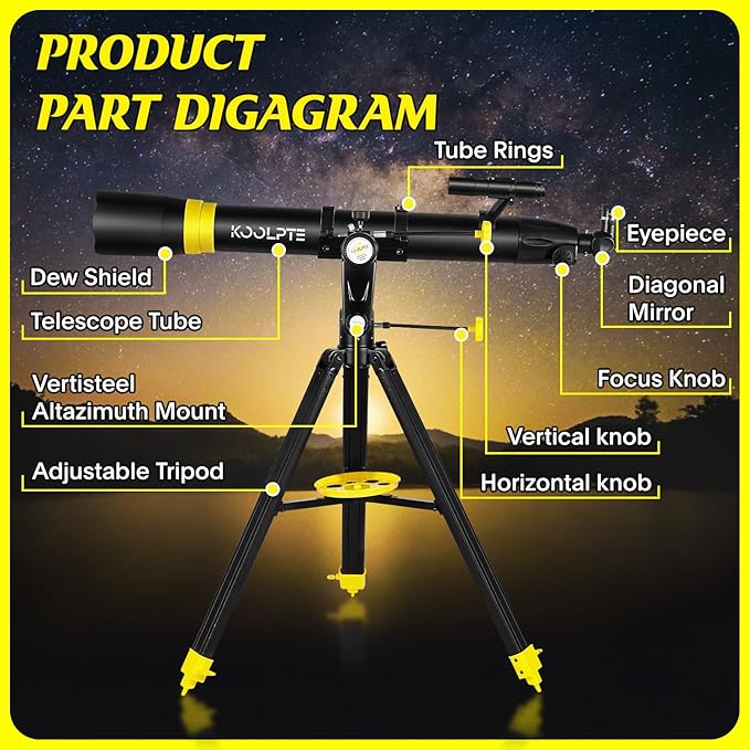 Telescope 90mm Aperture 900mm - High Precision Adjustment Vertisteel AZ Mount Base, Magnification 45-450x, Wireless Remote, Phone Adapter - Ideal for Astronomy Enthusiasts and Beginners (Black)