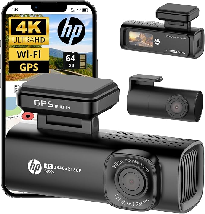 HP Dash Cam Front and Rear, 4K + 1080P Dual Camera for Car, Built-in 64GB Card, Night Vision, APP Control, Emergency Recording, G-Sensor, WDR Technology, Support Parking Mode (Hardwire Kit Required)