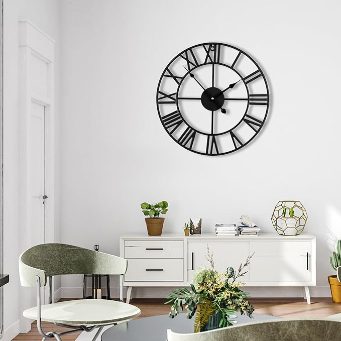 24inch/60cm Large Wall Clocks for Living Room Decor,Vintage,Modern,Round,Silent,Non Ticking,Black Wall Clock for Home,Garden,Office,Cafe Decoration(Iron Roman Numerals, 24 inches)