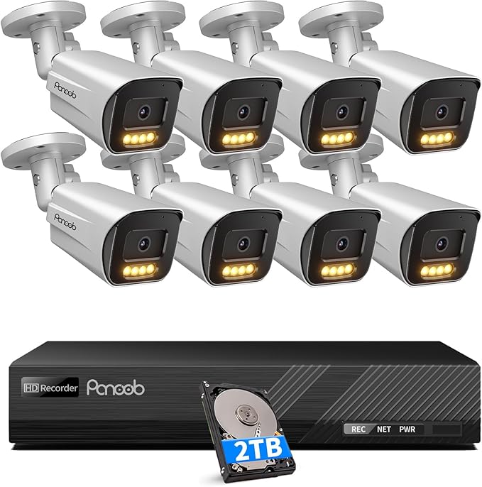 8 Channel 4K PoE Security System with 2TB HDD 8X 8MP Outdoor Bullet Cameras AI Human/Vehicle Detection, Color Night Vision 2-Way Audio, PB65A0808-8MD-1