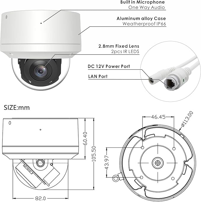 4K 2.5'' PoE PTZ IP Camera with Mic/Audio in, 8MP IP Dome Security Camera Outdoor, Waterproof IP66, 2.8mm Lens 60ft IR Night Vision, Pan 0~355° Tilt 0~90°