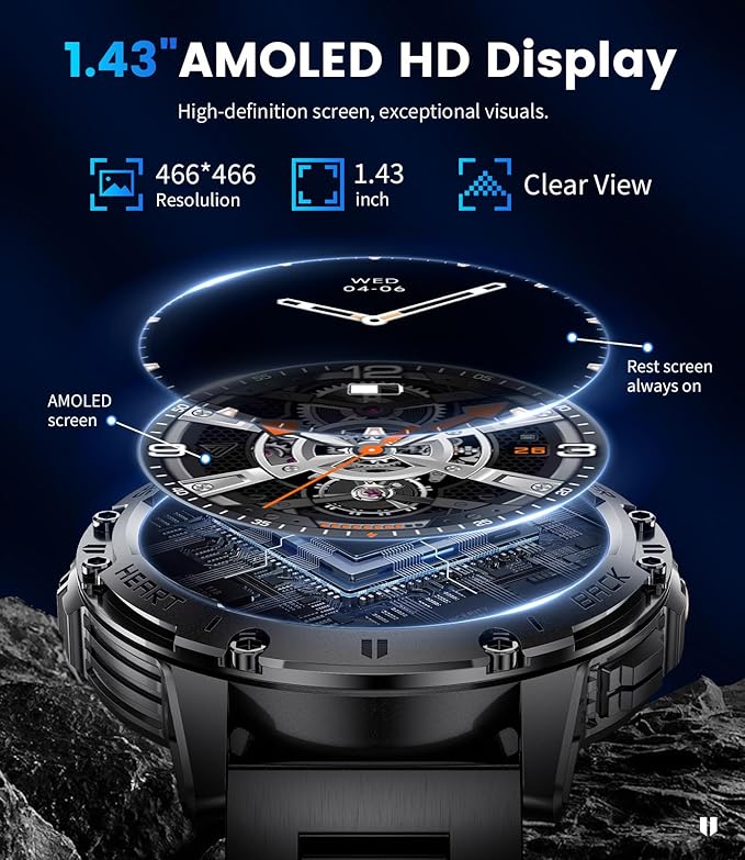 Military Smart Watches for Men(Answer/Make Calls) with LED Flashlight,530mAh Large Battery,1.43" AMOLED Outdoor Sports Smartwatch with 170+ Sport Modes,5ATM Waterproof Fitness Tracker for iOS Android
