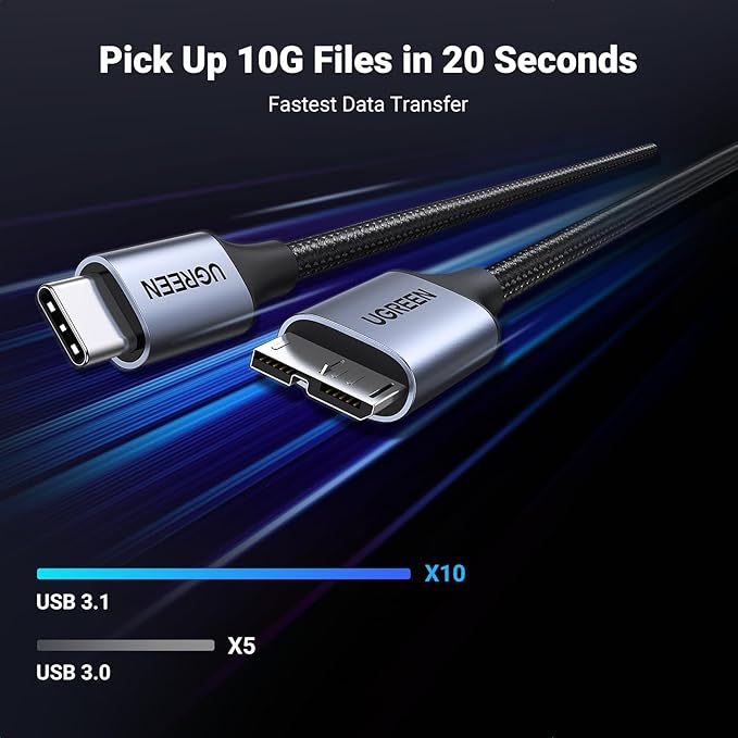 UGREEN 10 Gbps Micro B to USB C Hard Drive Cables, 6.6FT USB C to Micro B, External Hard Drive Cable Compatible with MacBook Pro/Air, iPad/Tablet, iPhone, Samsung Galaxy S24, WD Seagate etc