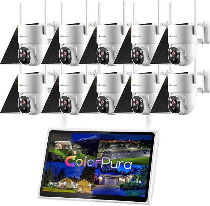 Kittyhok Outdoor Solar Security Camera System Wireless, 10pcs 2K Solar PTZ Security Camera, Pro Color Night Vision, Human Detection, 360 Viewing, 10CH NVR, Local Storage, KSBL40T4 Bundle with BLY4