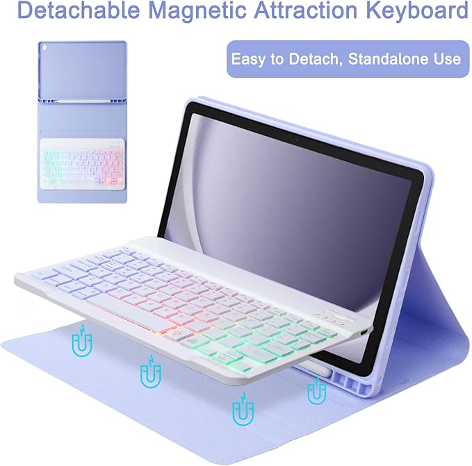 Keyboard Case for Samsung Galaxy Tab A9+/A9 Plus 11 Inch 2023 (SM-X210/X216/X218), Detachable Color Backlit Bluetooth Keyboard and Mouse, Slim Lightweight Stand Cover with Pen Holder (Purple)