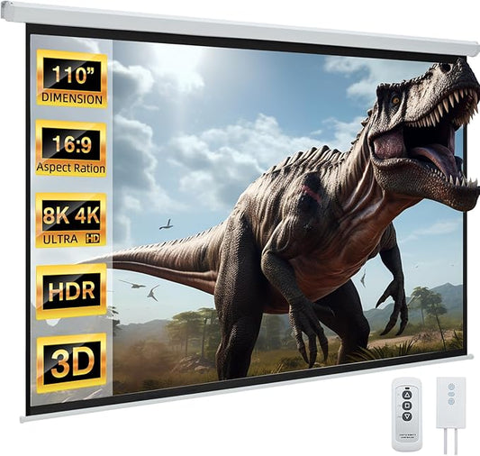 YODOLLA 110" Projector Screen Motorized 16:9, 4K HD Pull Down Retractable Projection Screens Electric Automatic Wall Ceiling Movie Screen for Office Classroom Indoor with Remotes