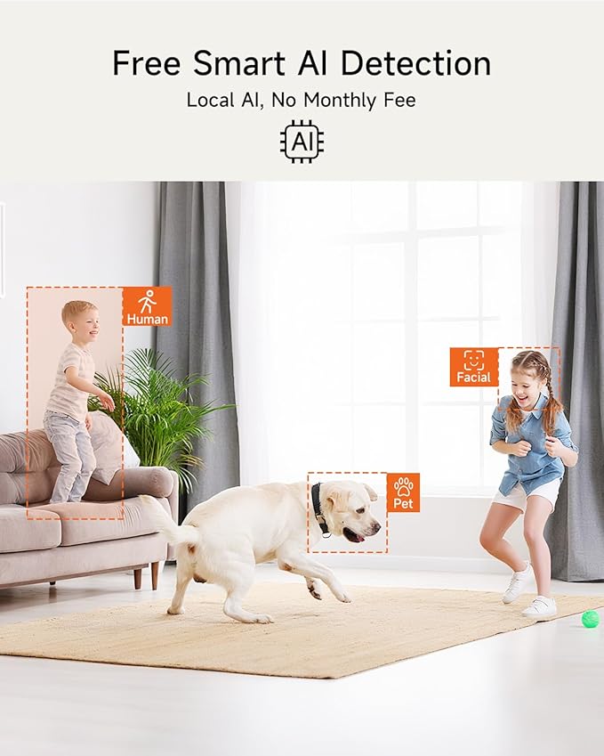 Smart 3K Indoor Dome Security Camera with AI Human/Pet/Facial Detection, 360° Pan-Tilt Coverage, 2-Way Audio, 2.4GHz 5GHz Dual-Band Wi-Fi - Includes 64GB SD Card & No Subscription Needed