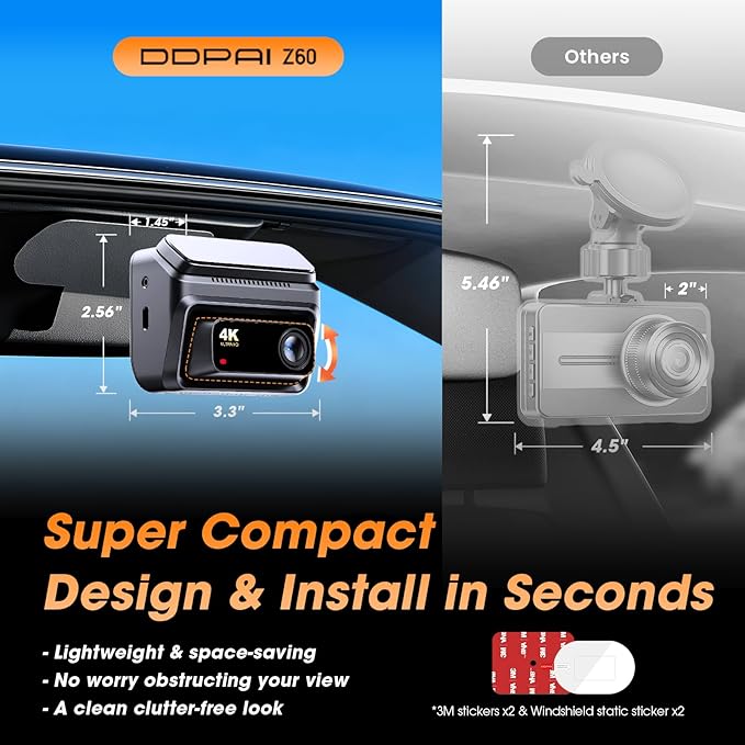 DDPAI 4K Dash Cam Front and Rear, Built-in 32G eMMC Dual Dash Camera for Cars, 128GB Card Included Dashcam,GPS, Night Vision,5G WiFi, 7-Days Parking Mode, 3" IPS, ADAS, WDR, Support 512GB, Z60
