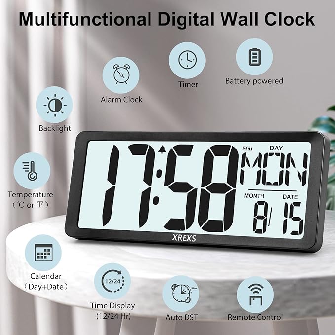 XREXS 14.17 Inch Digital Wall Clock with Remote (Battery Operated)- Backlight(Not Constantly Illuminated) | Count Down Timer | Displays Temp, Date & Week | Ideal for Home, Office, Classroom