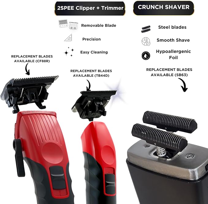Supreme Trimmer 3-in-1 Barber Bundle | 2Spee Clipper, 2Spee Trimmer & Crunch Foil Shaver | Professional Beard Trimmer Men’s Hair Clipper Kit | Red