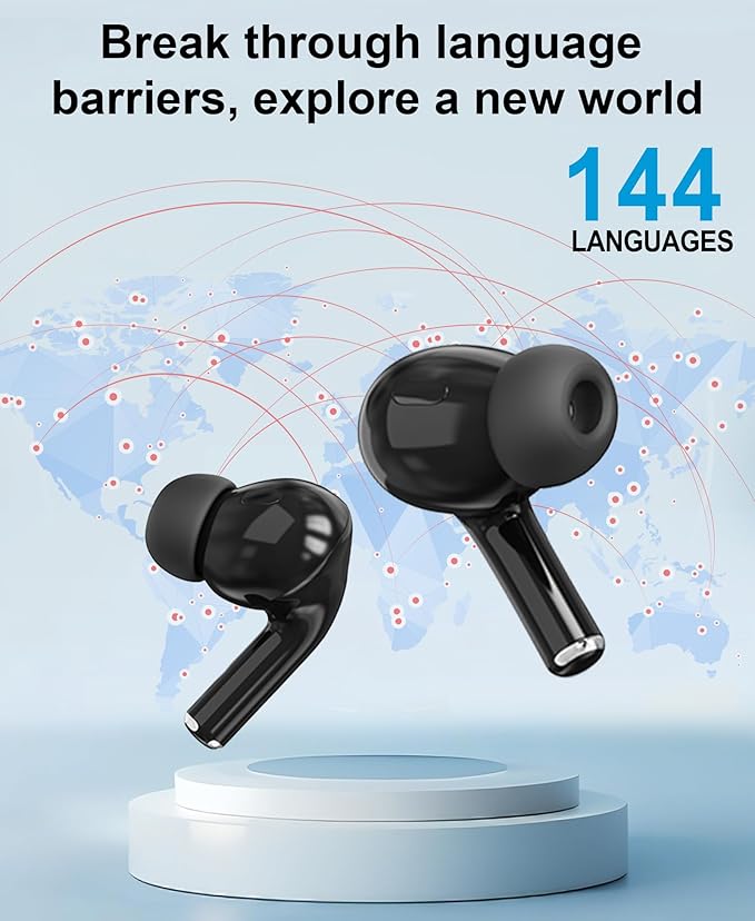 Ai Translation Earbuds Real Time 144-Language Translator Earbuds with Accent Support and 8-Language Offline Translator Device Two Way Translation Headphones for Language Learning Travel Business Black