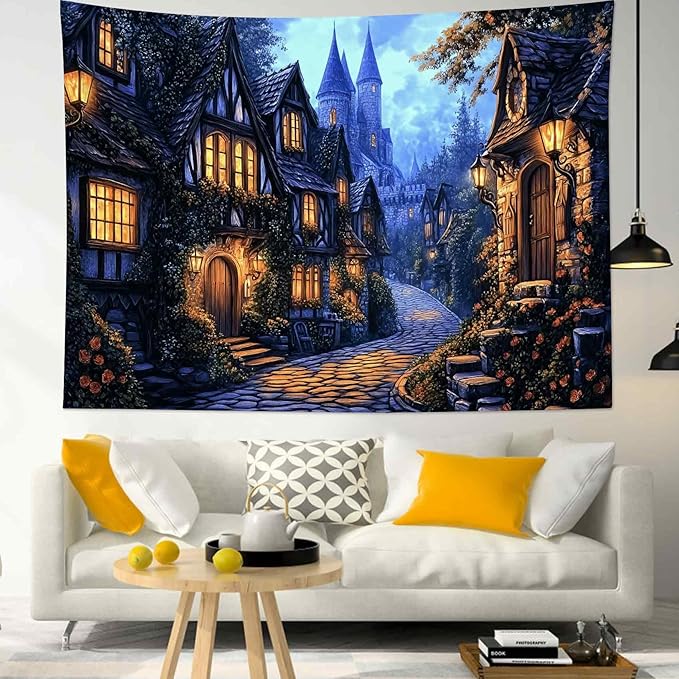 LB Vintage Castle Tapestry, Night Street Old House and Green Tree Wall Tapestry for Bedroom Aesthetic, Village Gothic Wall Art for Living Room Dorm Home Decor Ready to Hanging, 60 x 40 Inches